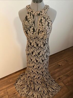 Night Way Collections Black & Gold Lace Halter Gown